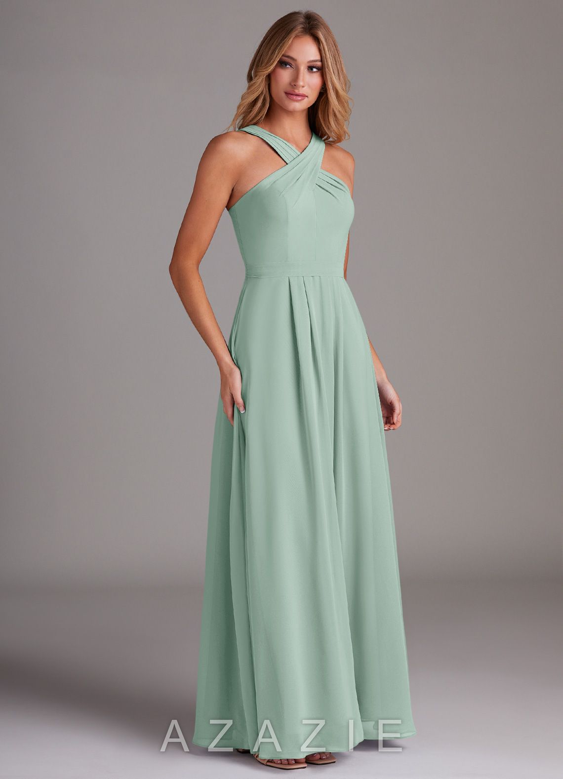Azazie Dixie Agave A-Line Halter Pleated Chiffon Dress agave