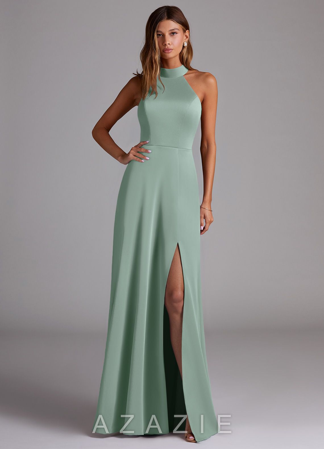 Azazie Myra Agave A-Line High Neck Stretch Satin Dress