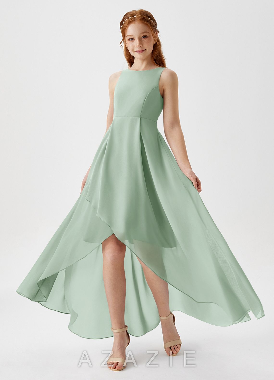 Azazie Lizette Junior Agave A-Line Pleated Chiffon Dress