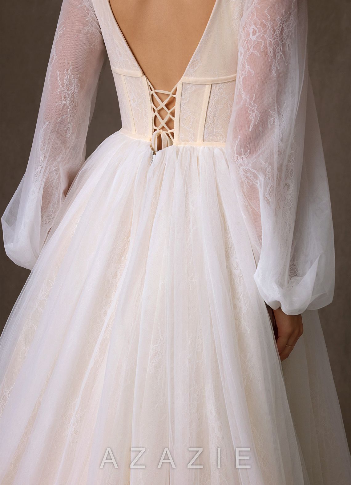 Azazie Cressida Wedding Dress Diamond White Champagne Ball-Gown Lace Tulle Dress diamond_white/champagne