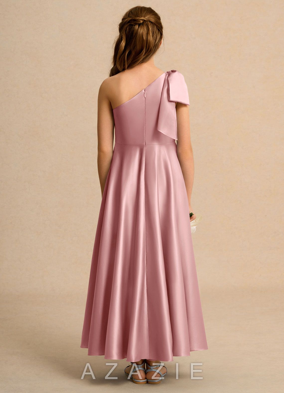 Azazie Guppy Girls Formal Dusty Rose A-Line One Shoulder Matte Satin Dress dusty_rose