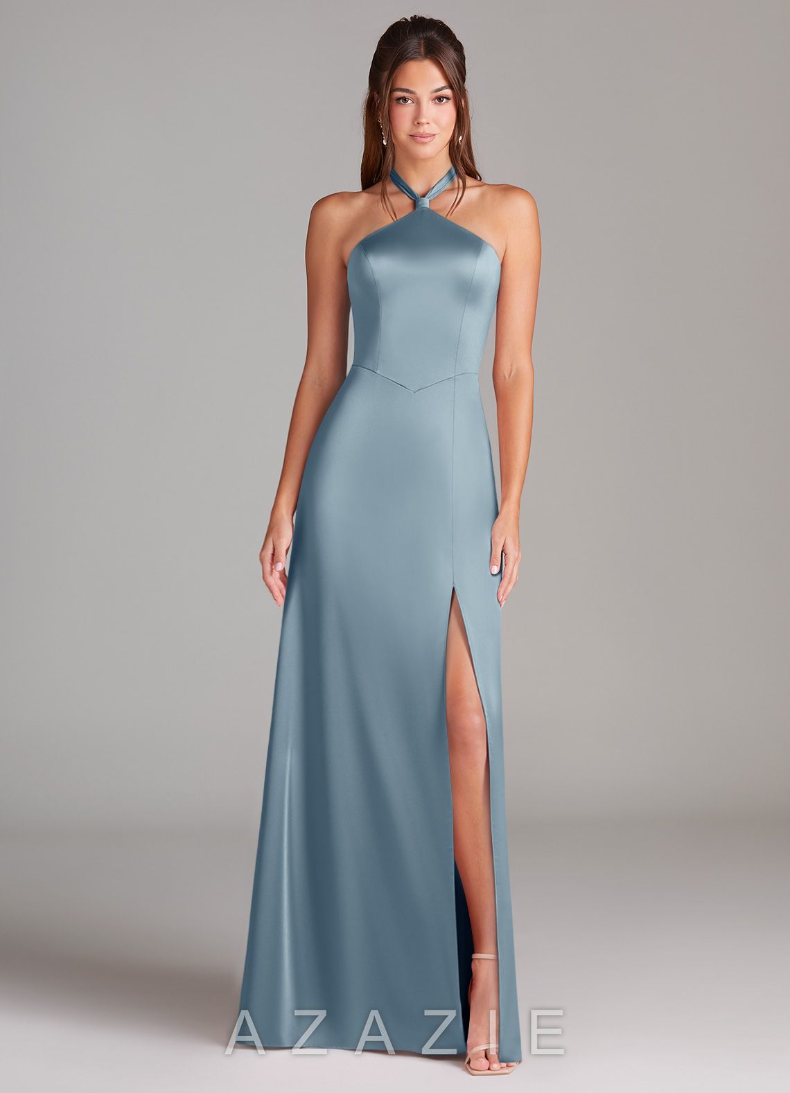 Azazie Elliana Dusty Blue Sheath Side Slit Stretch Satin Dress dusty_blue