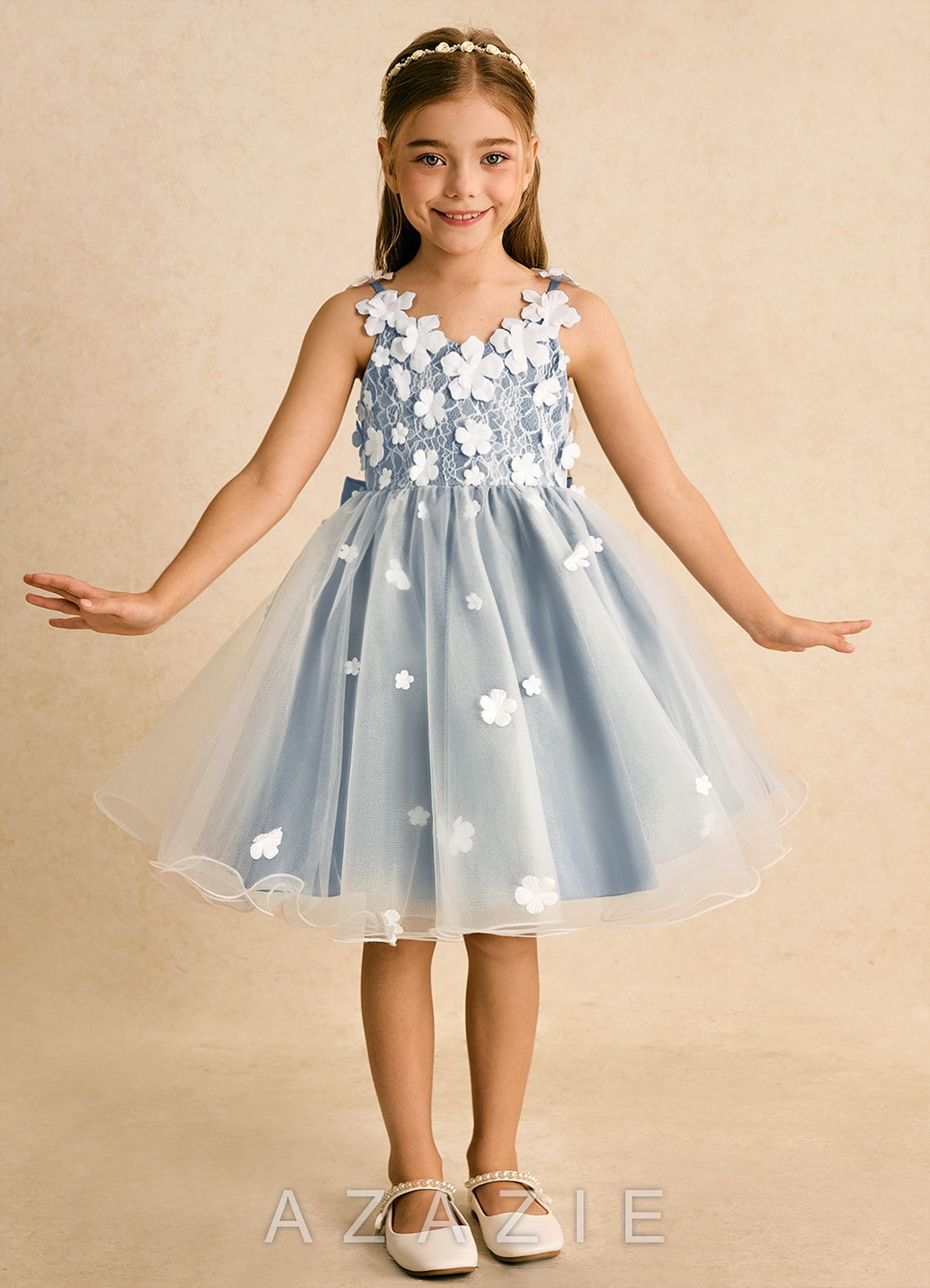 Azazie Junebug Ivory Dusty Blue Ball-Gown Lace Tulle Dress ivory/dusty_blue