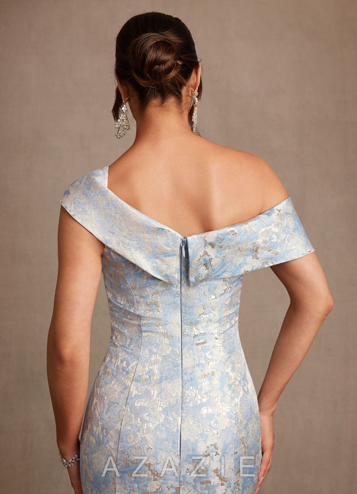 Azazie Zephyra Dusty Blue Mermaid Off the Shoulder Jacquard Dress dusty_blue