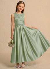 Azazie Ducky Girls Formal Dusty Sage A-Line Pleated Stretch Satin Dress
