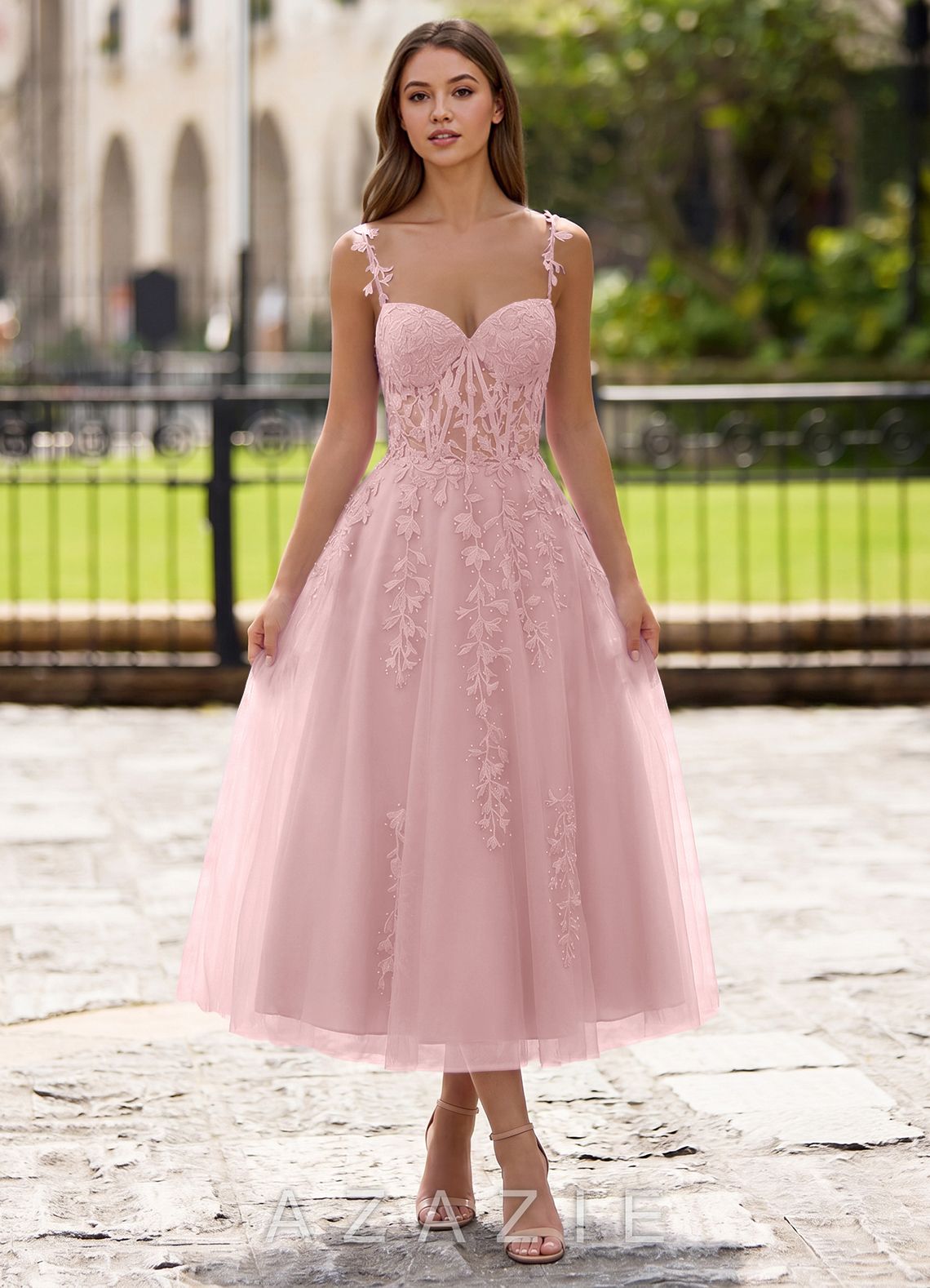 Zosia Blushing Pink Lace A-line Lace Up Back Midi Dress