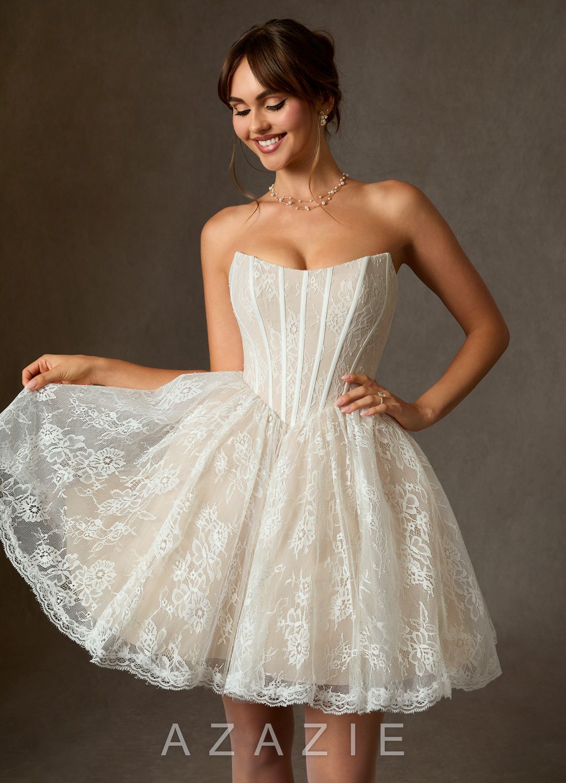 Azazie Clover Diamond White Champagne Ball-Gown Strapless Lace Dress diamond_white/champagne