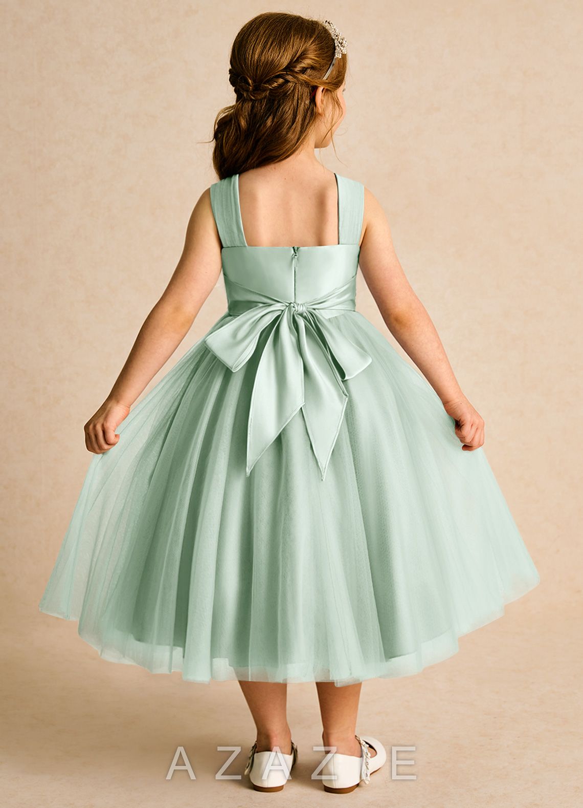 Azazie Dovey Agave Ball-Gown Bow Tulle Dress agave