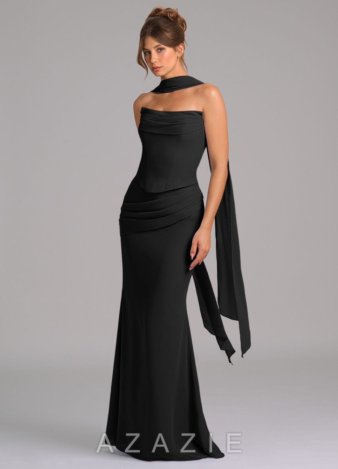 Azazie Sorrel Black Mermaid Corset Chiffon Dress black