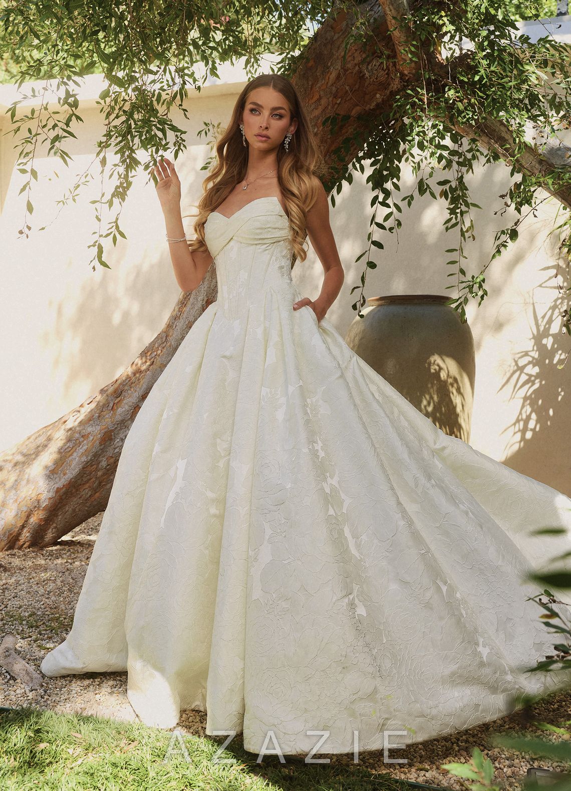 Azazie Genevieve Antique White Ball-Gown Strapless Floral Jacquard Dress