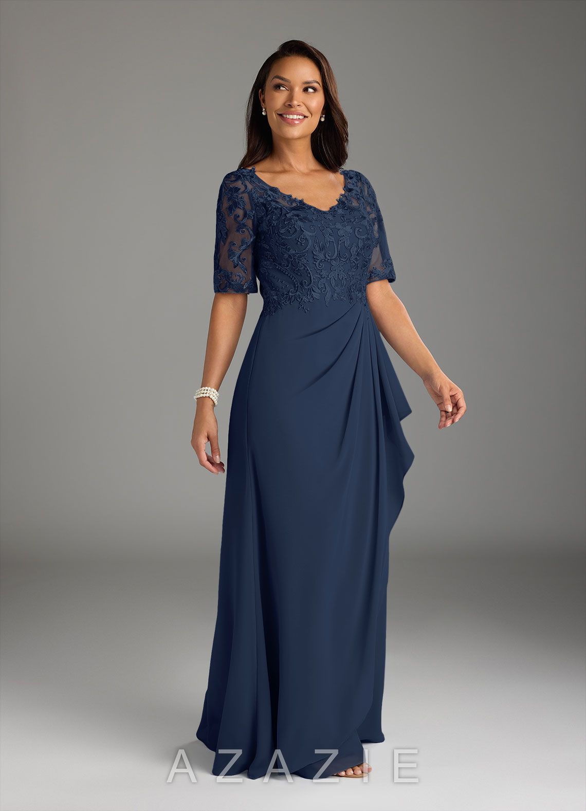 Azazie Amedeus Dark Navy A-Line V-Neck Lace Chiffon Dress dark_navy