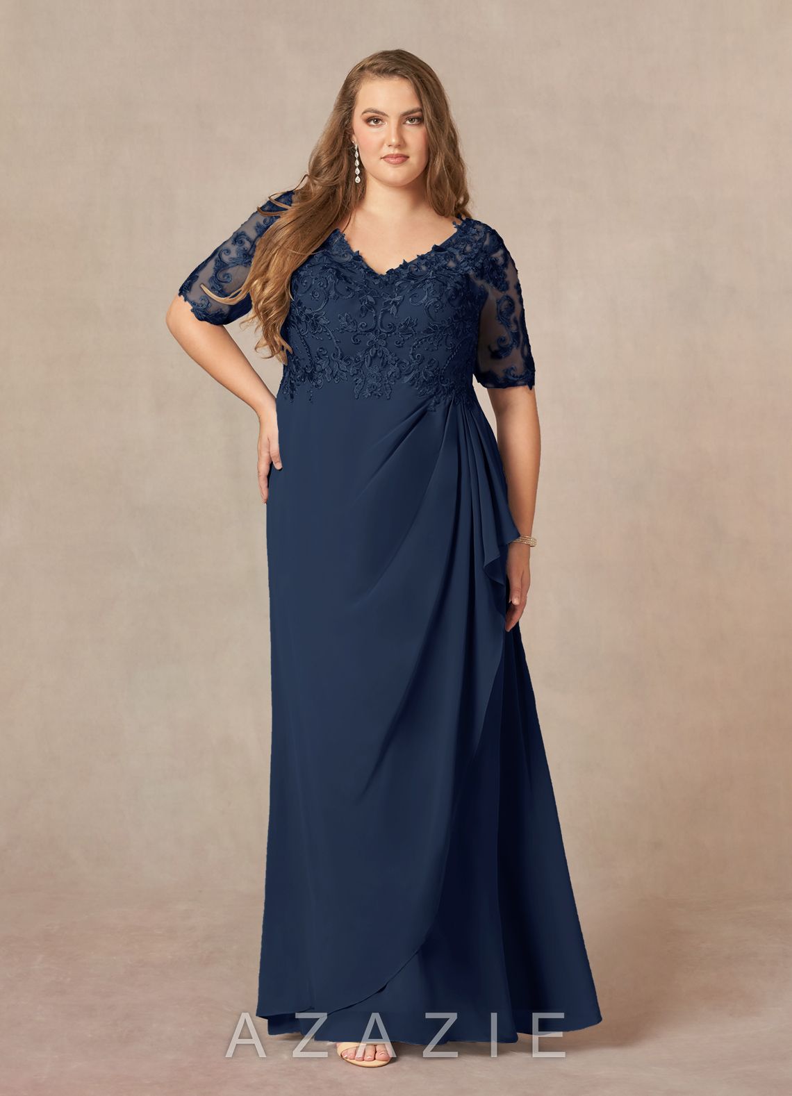 Azazie Amedeus Dark Navy A-Line V-Neck Lace Chiffon Dress dark_navy
