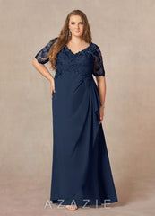 Azazie Amedeus Dark Navy A-Line V-Neck Lace Chiffon Dress dark_navy