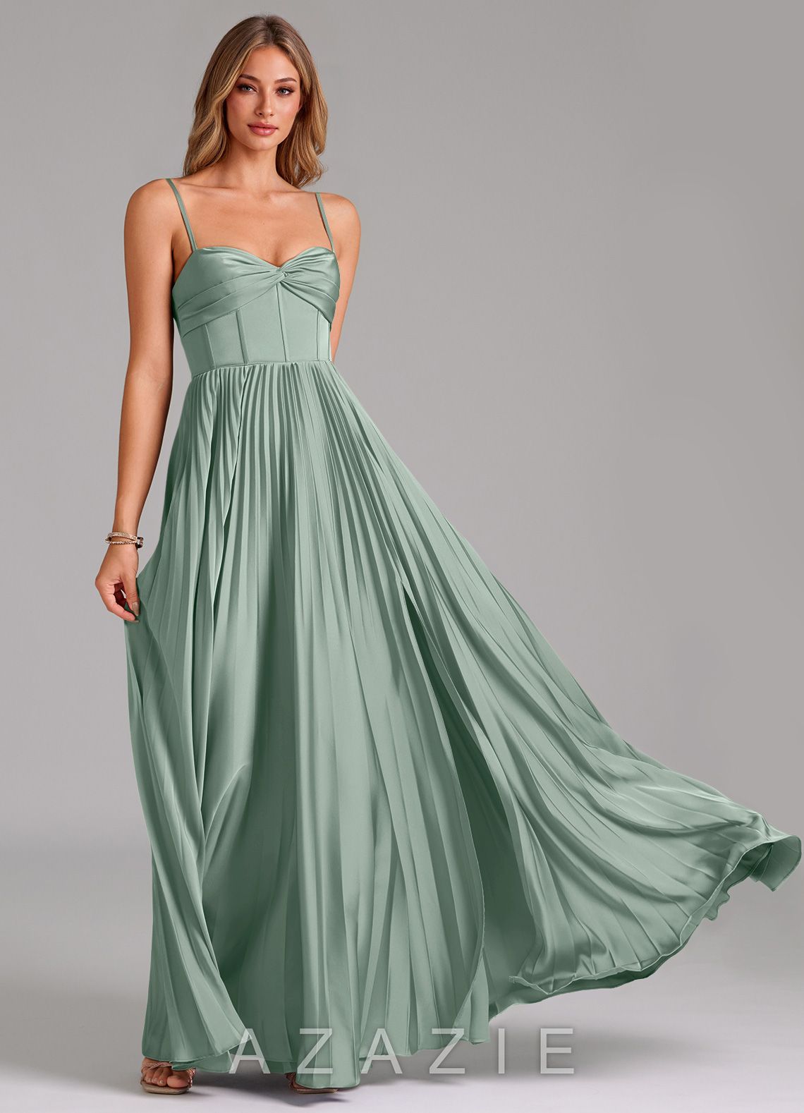 Azazie Akiko Agave A-Line Sweetheart Neckline Stretch Satin Dress agave