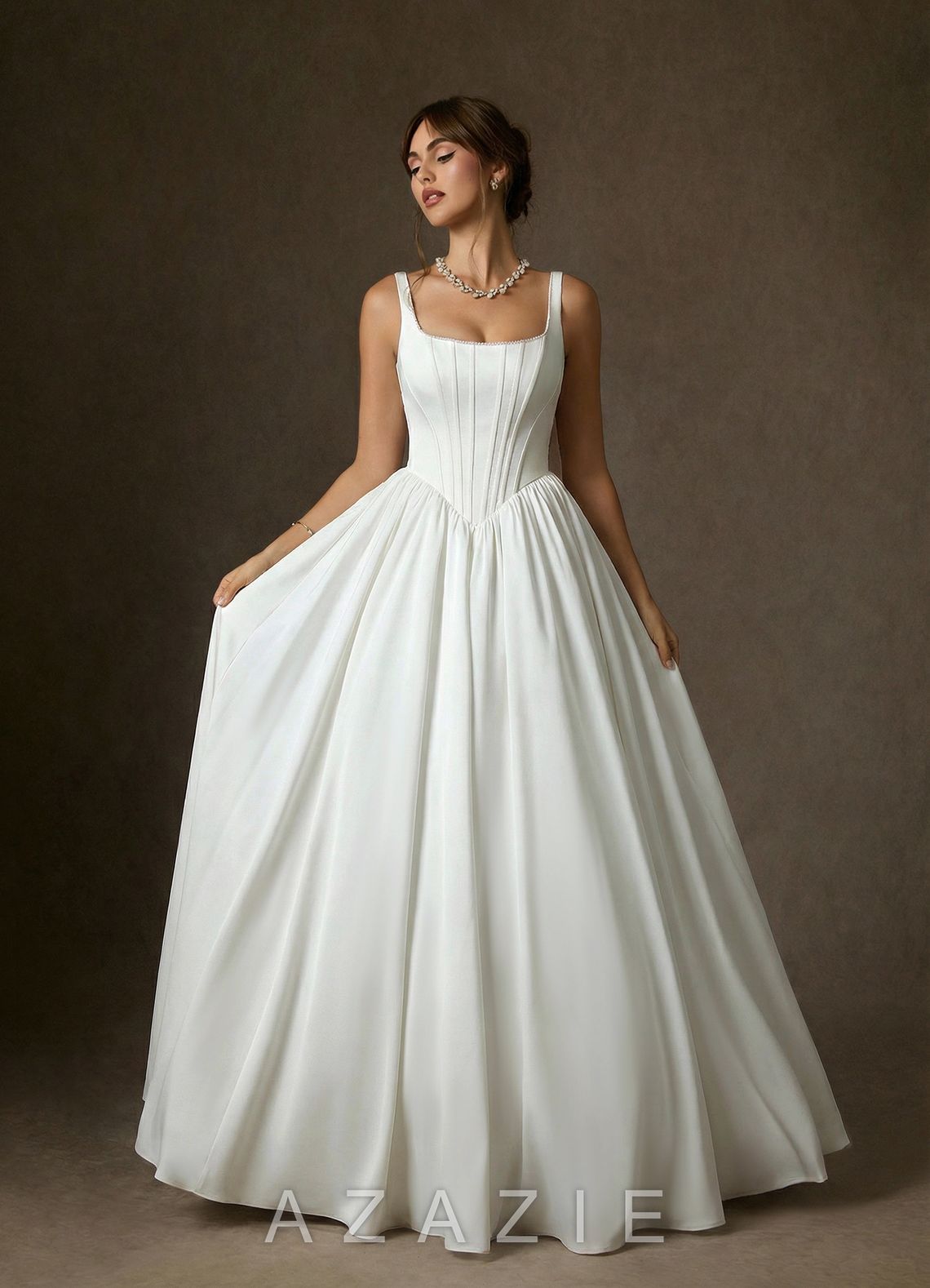 Azazie Cyanne Diamond White Ball-Gown with Pockets Stretch Satin Dress diamond_white