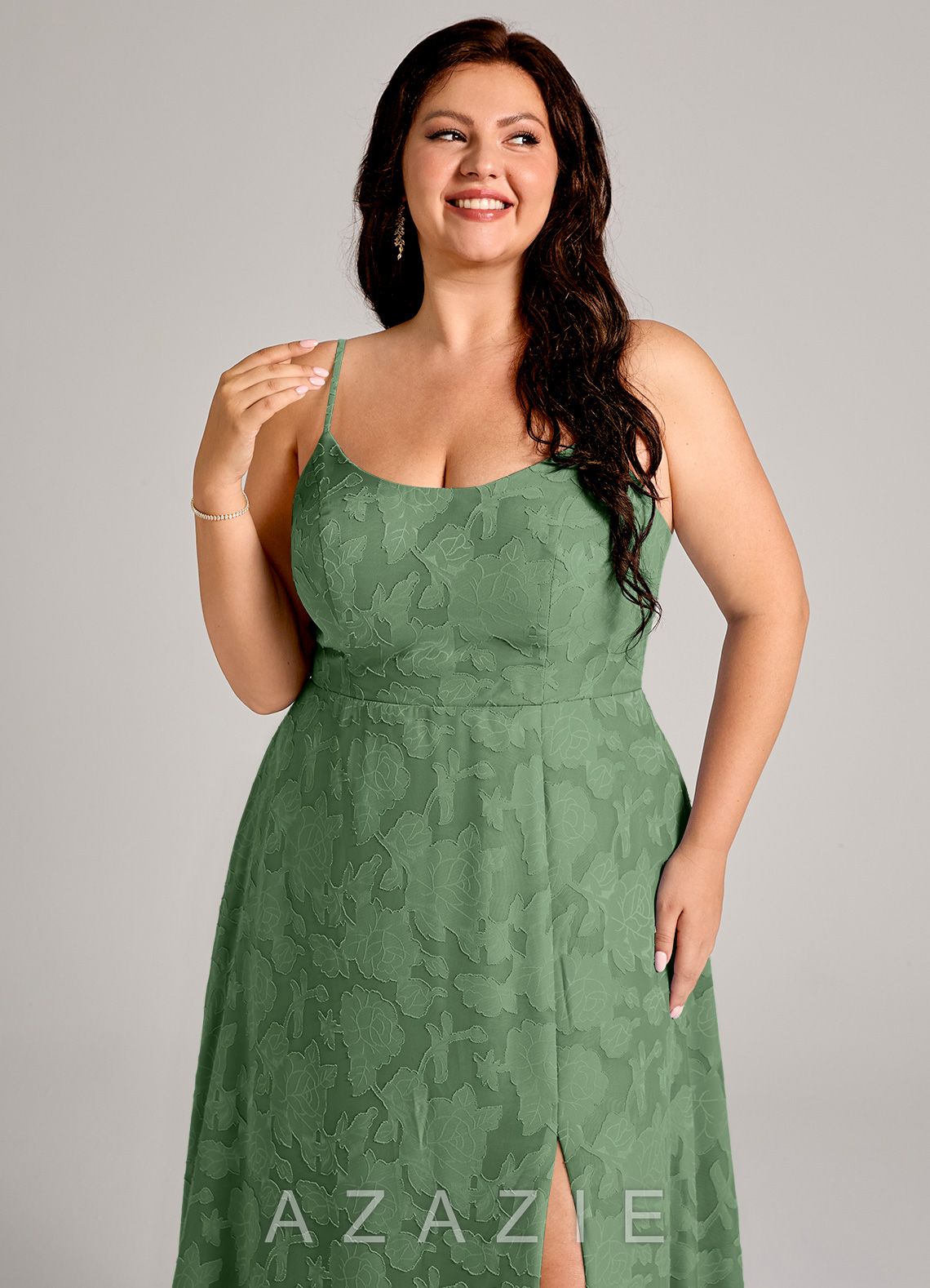 Azazie Moira Eucalyptus A-Line Side Slit Floral Burnout Dress eucalyptus