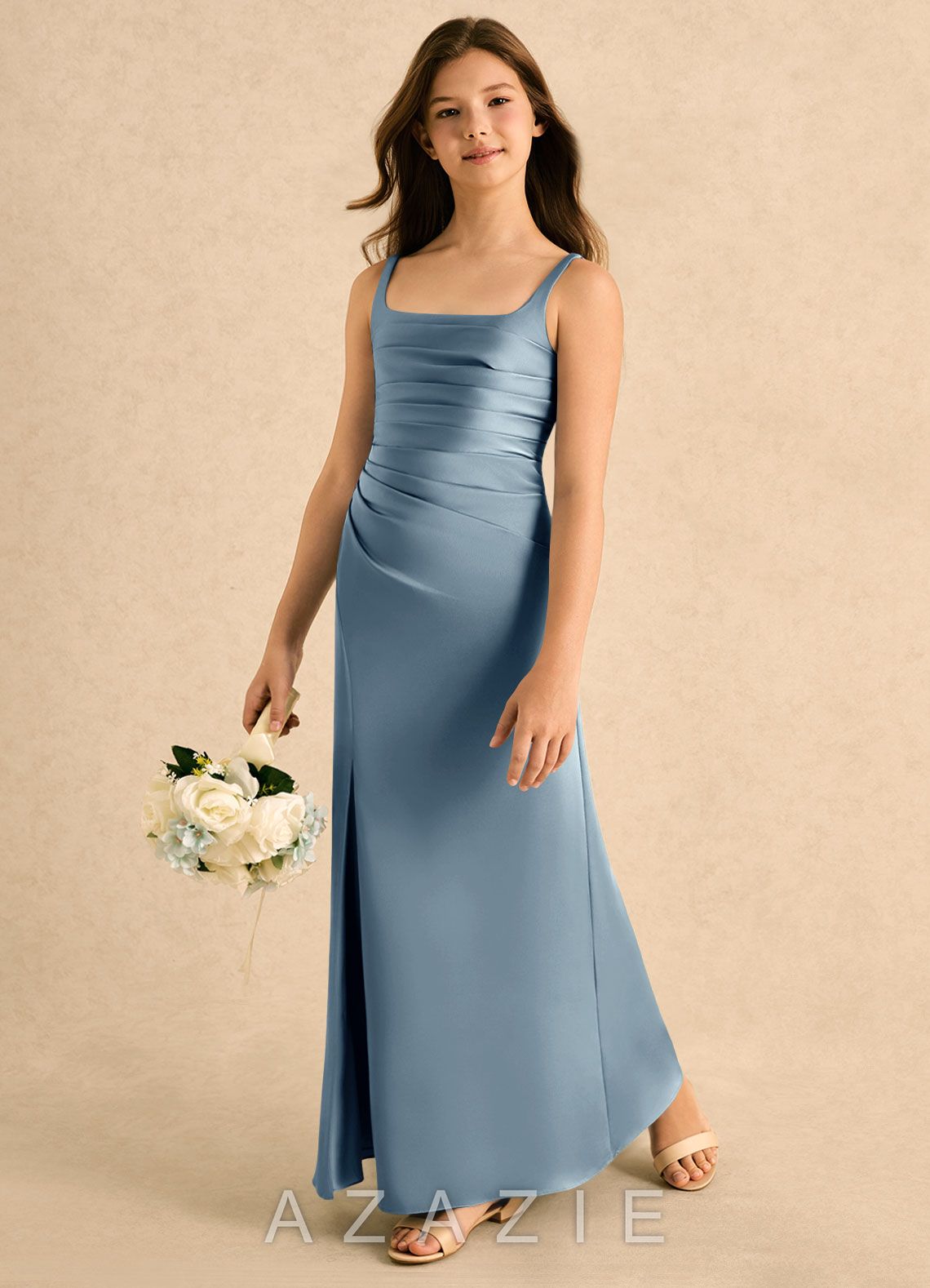 Azazie Nalah Girls Formal Dusty Blue A-Line Pleated Stretch Satin Dress dusty_blue