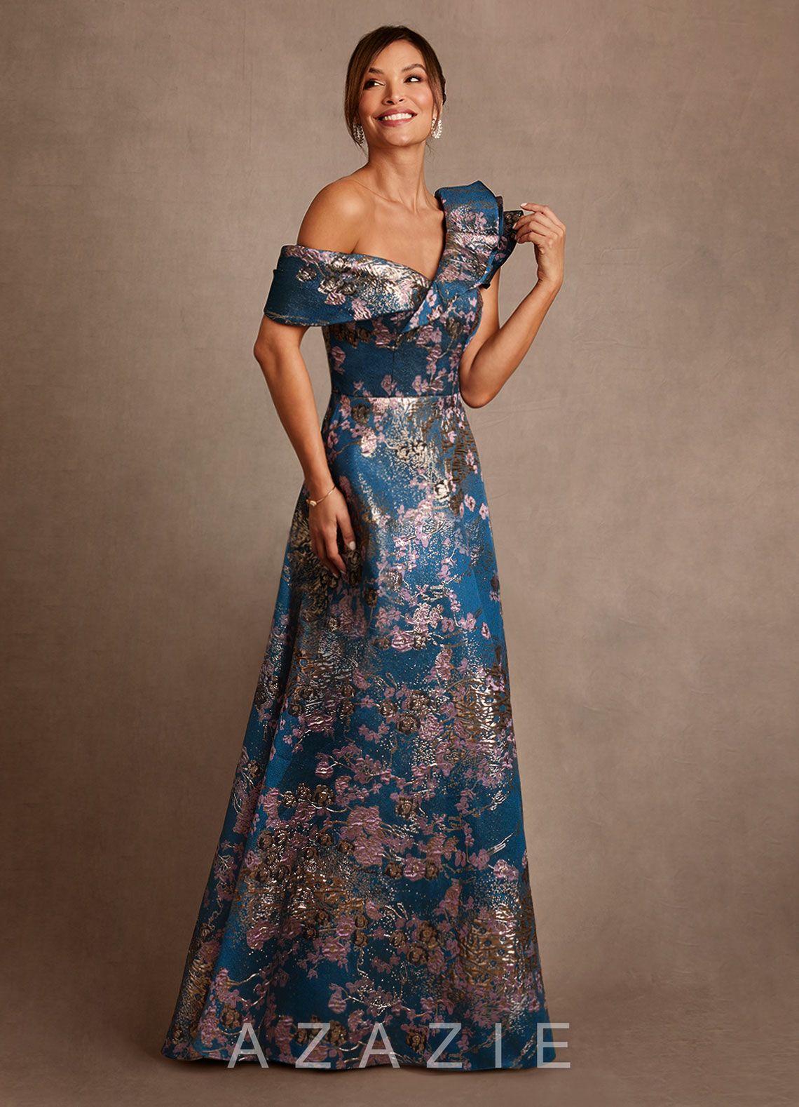 Azazie Des Moines Teal Floral A-Line One Shoulder Floral Jacquard Dress