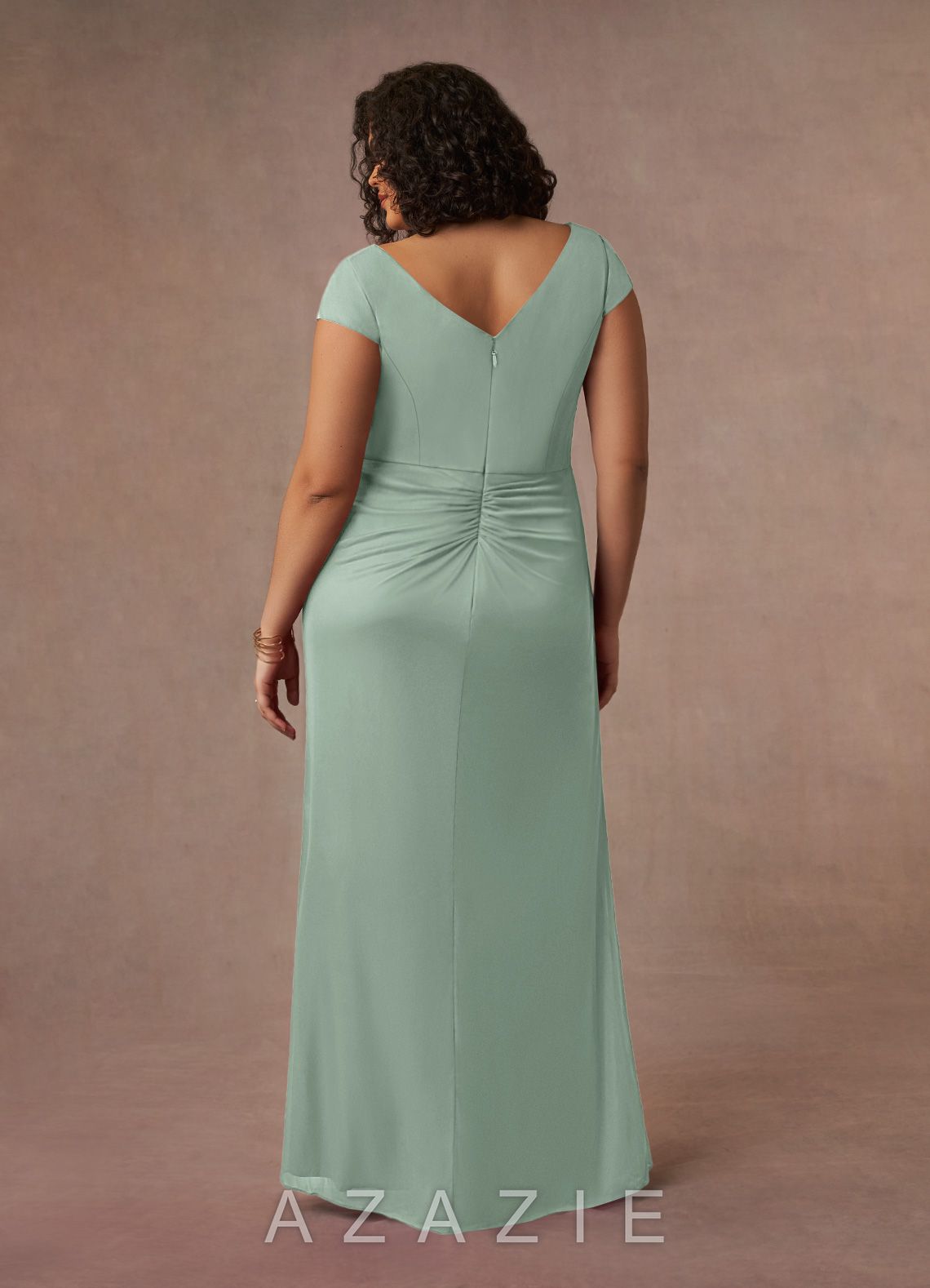 Azazie Roya Agave Mermaid V-Neck Pleated Mesh Dress agave