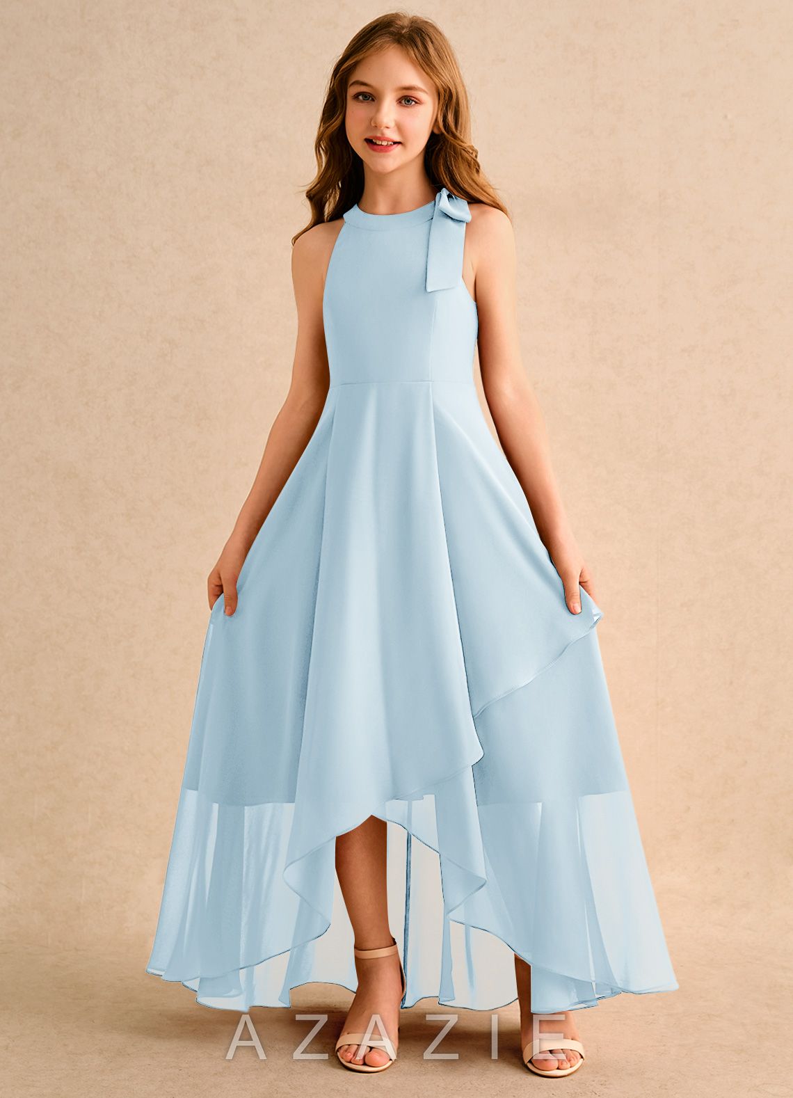 Azazie Boop Girls Formal Sky Blue A-Line Bow Chiffon Dress sky_blue