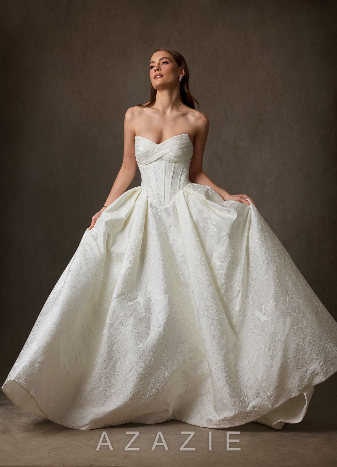 Azazie Genevieve Antique White Ball-Gown Strapless Floral Jacquard Dress