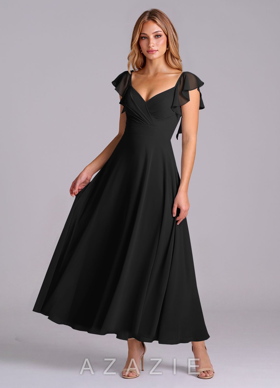Azazie Leilani Black A-Line Ruched Chiffon Dress