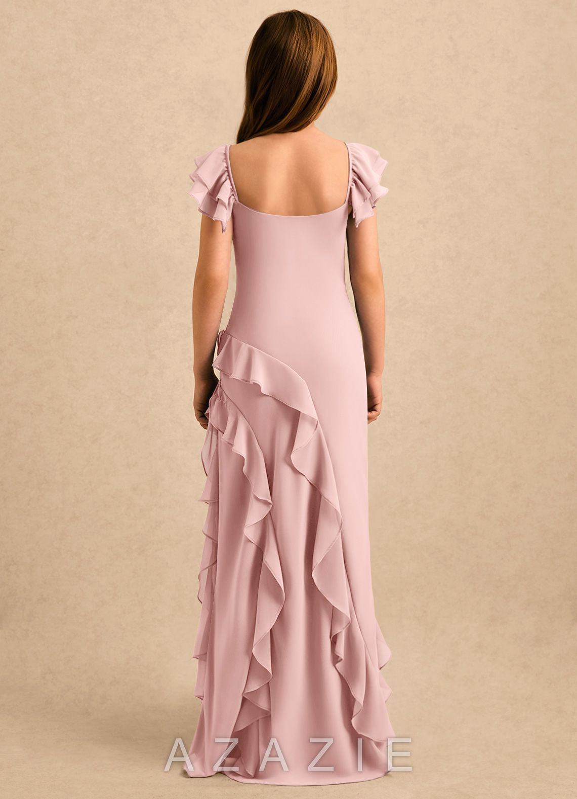 Azazie Ada Girls Formal Powder Pink Sheath Ruched Chiffon Dress powder_pink