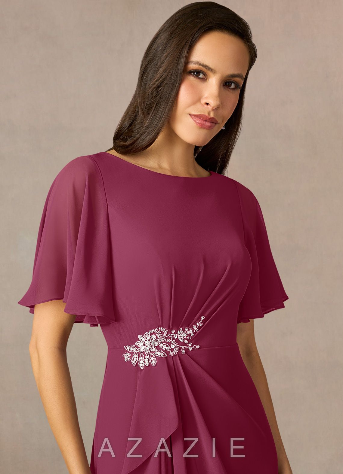 Azazie Rain Mulberry Sheath Beaded Chiffon Dress mulberry