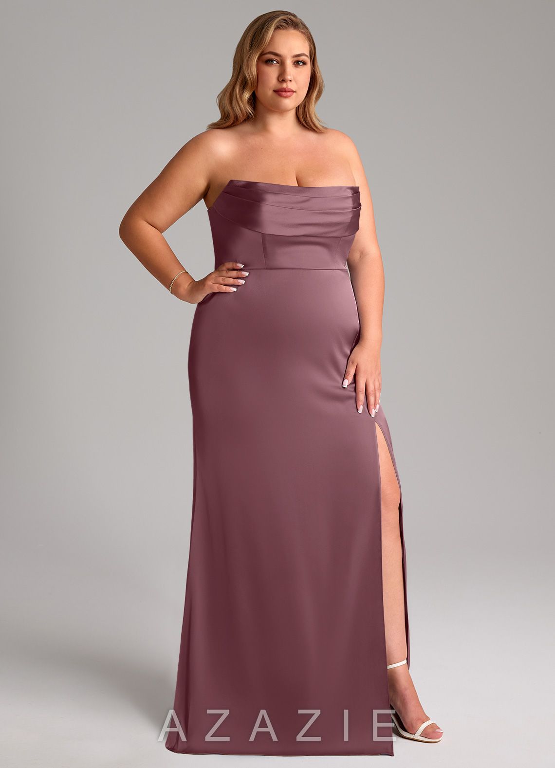 Azazie Saige Amethyst Sheath Off the Shoulder Stretch Satin Dress amethyst
