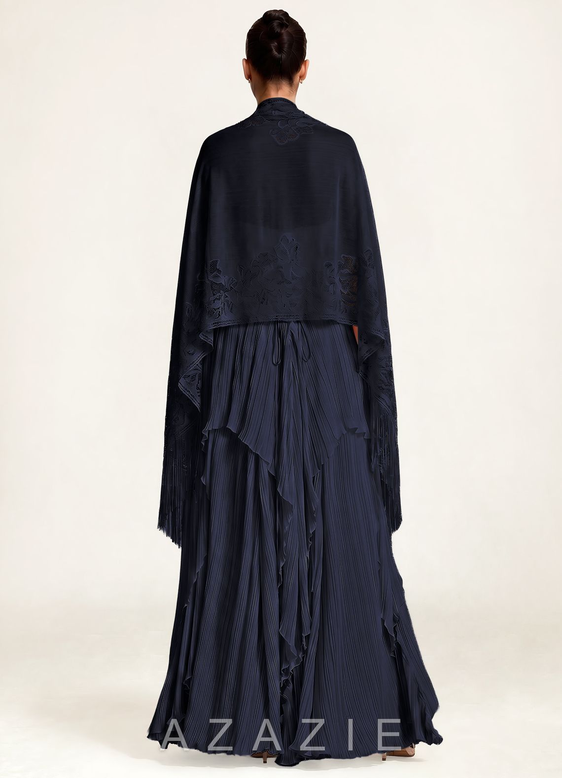 Azazie Floral Lace Tassel Shawl  navy