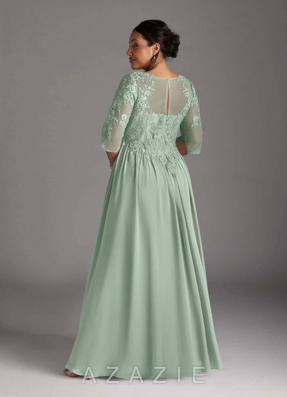 Azazie Mirielle Agave A-Line Scoop Lace Chiffon Dress agave