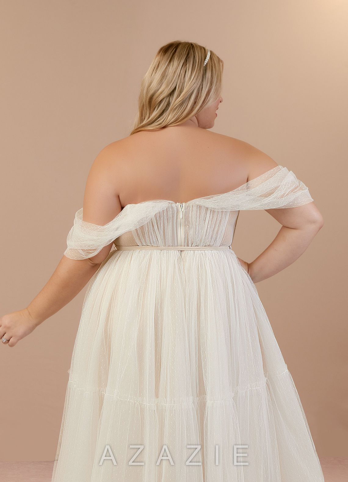 Azazie Vienna Wedding Dress Diamond White Champagne A-Line Off-The-Shouler Tulle Dress diamond_white/champagne