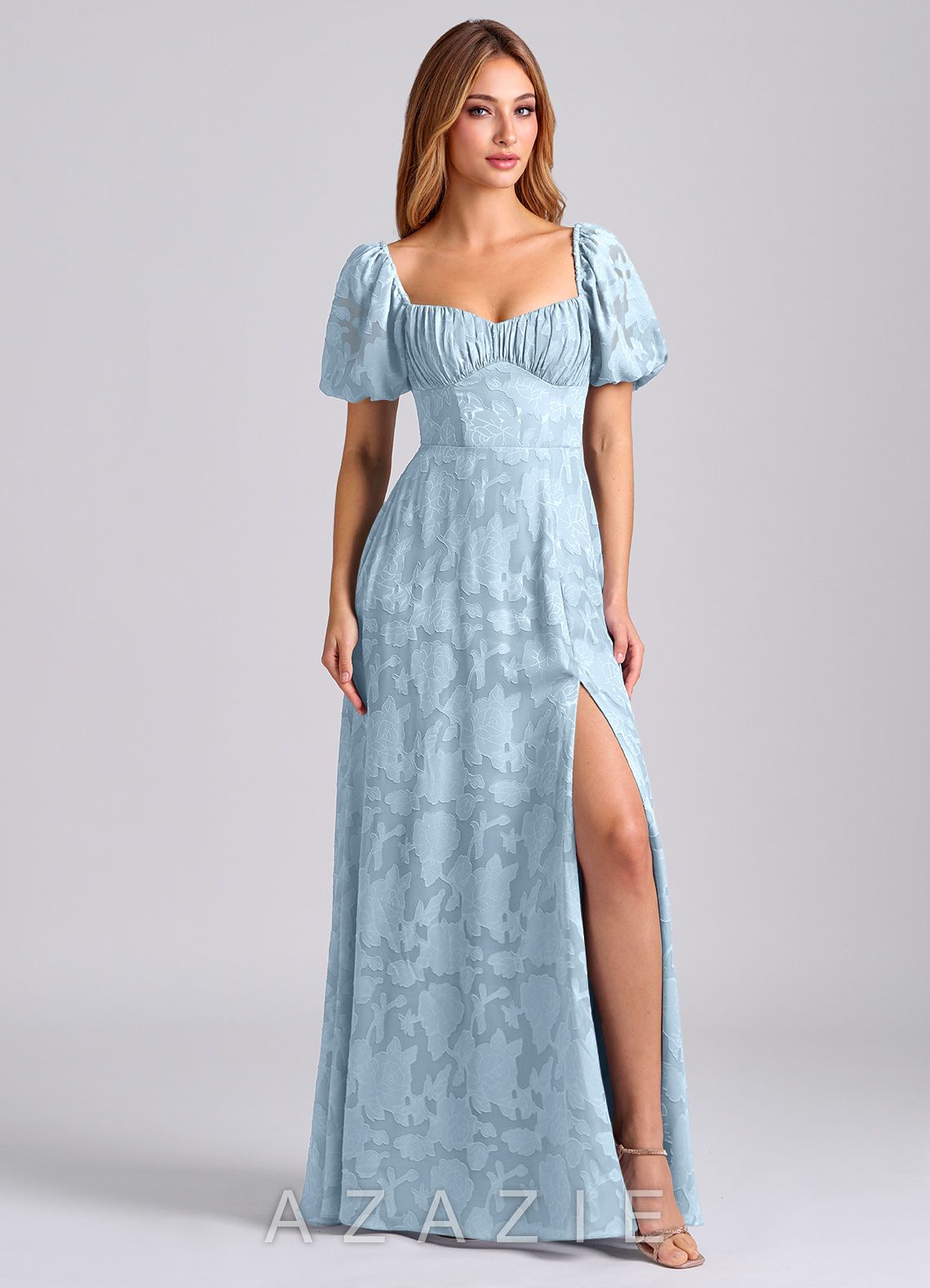 Azazie Mirian Sky Blue A-Line Sweetheart Neckline Floral Burnout Dress