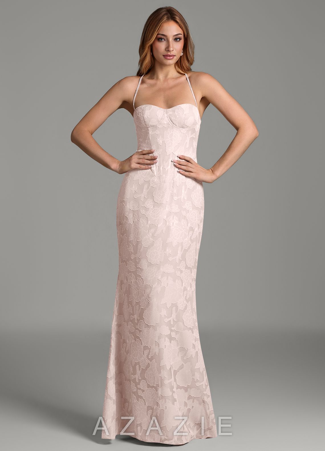 Azazie Dara Blushing Pink Mermaid Corset Floral Burnout Dress