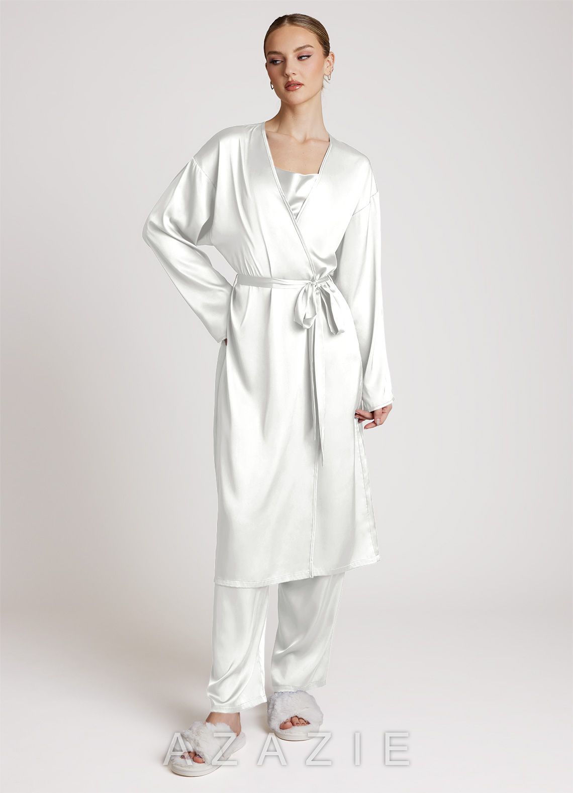 Satin Long Sleeves 3-Piece Loungewear Set  white