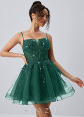 Odette Dark Green Spaghetti Strap Sequin Tulle Lace-Up Skater Mini Dress
