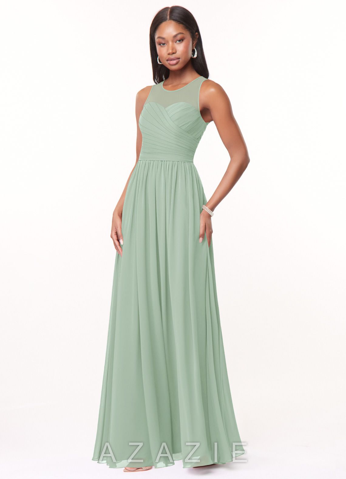 Azazie Nina Agave A-Line Pleated Chiffon Dress agave
