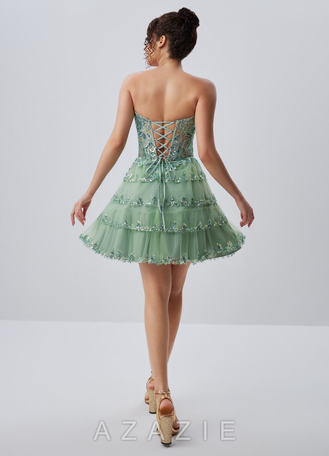 Esmayabella Sage Sequin Embroidery Beading Ruffles Corset Tulle Mini Dress