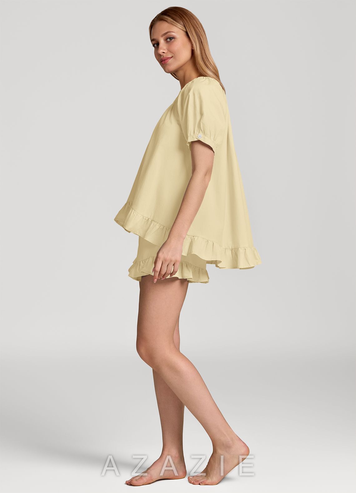Ruffled Button Front Cotton Pajama Set  lemon_sorbet