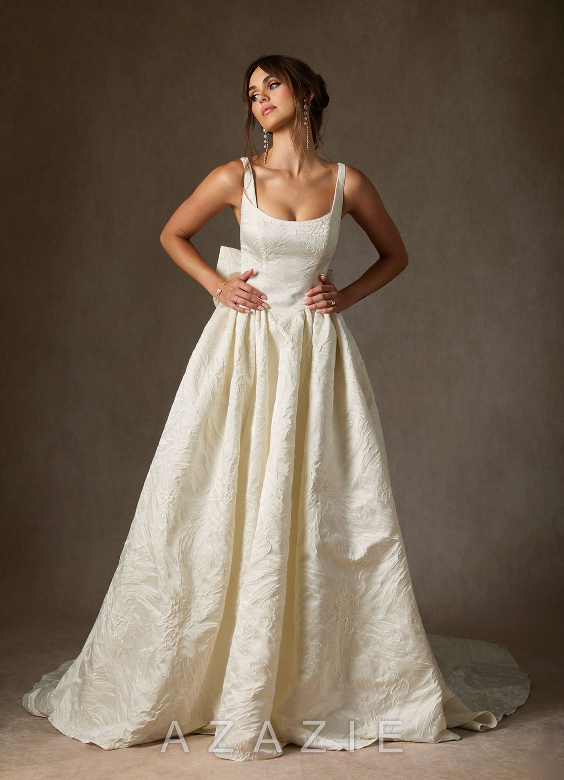 Azazie Skylin Antique White Ball-Gown with Pockets Floral Jacquard Dress antique_white