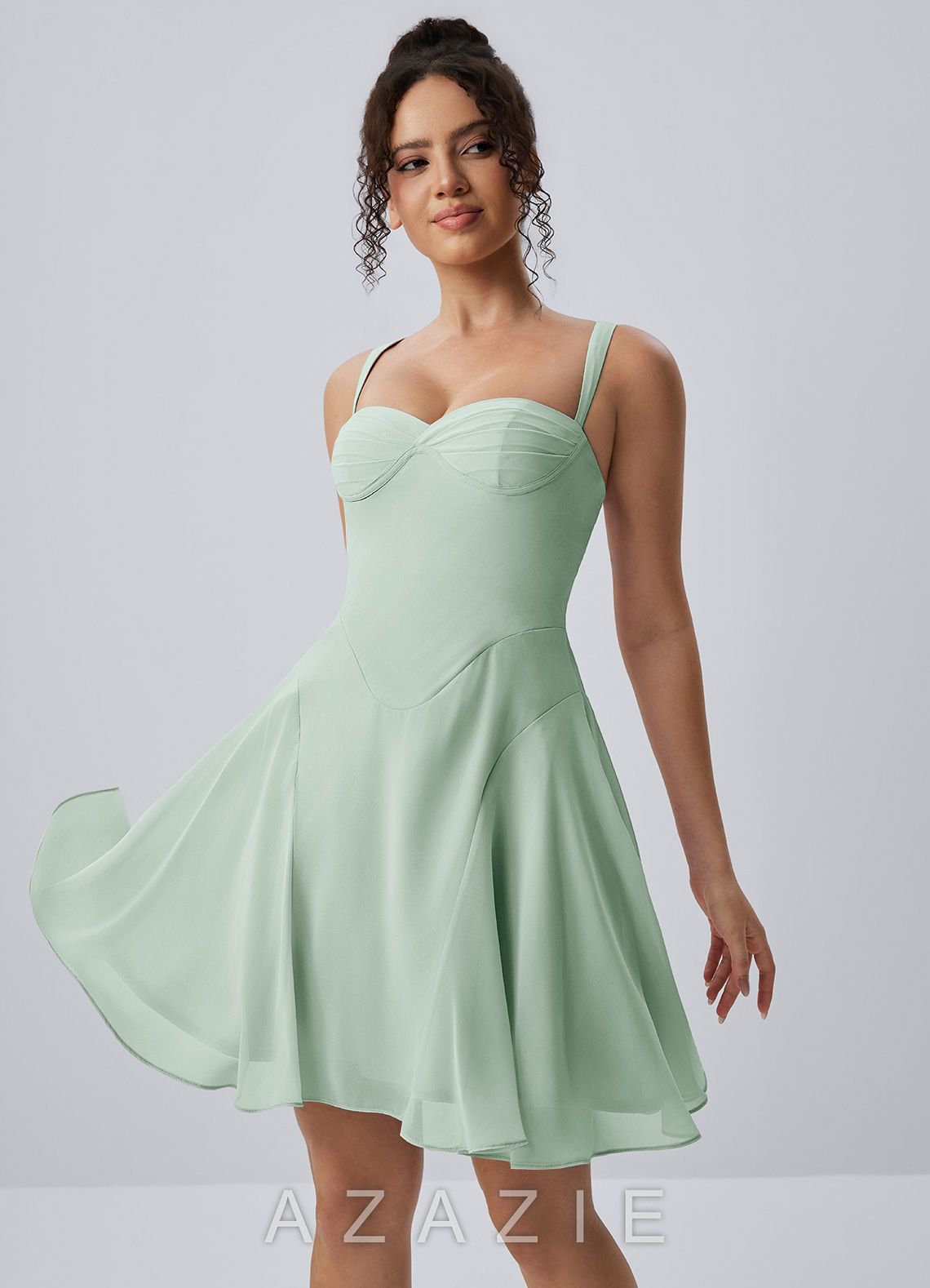 Isadora Agave Green Spaghetti Strap Chiffon Lace-Up Skater Mini Dress