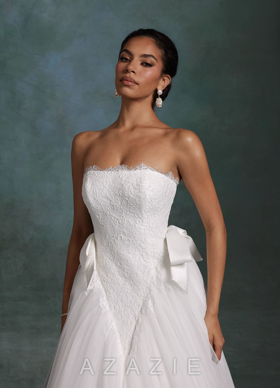 Azazie Raya Diamond White Ball-Gown Strapless Tulle Dress diamond_white
