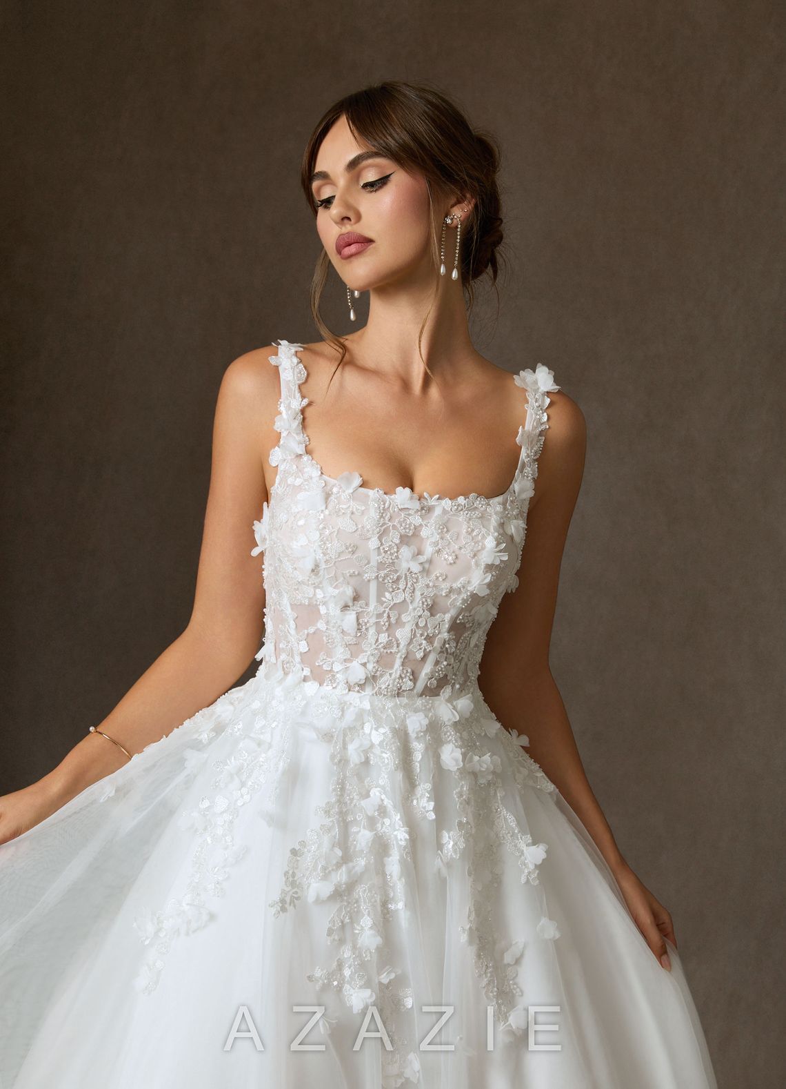 Azazie Sabine Diamond White Ball-Gown Square Neckline Lace Dress diamond_white