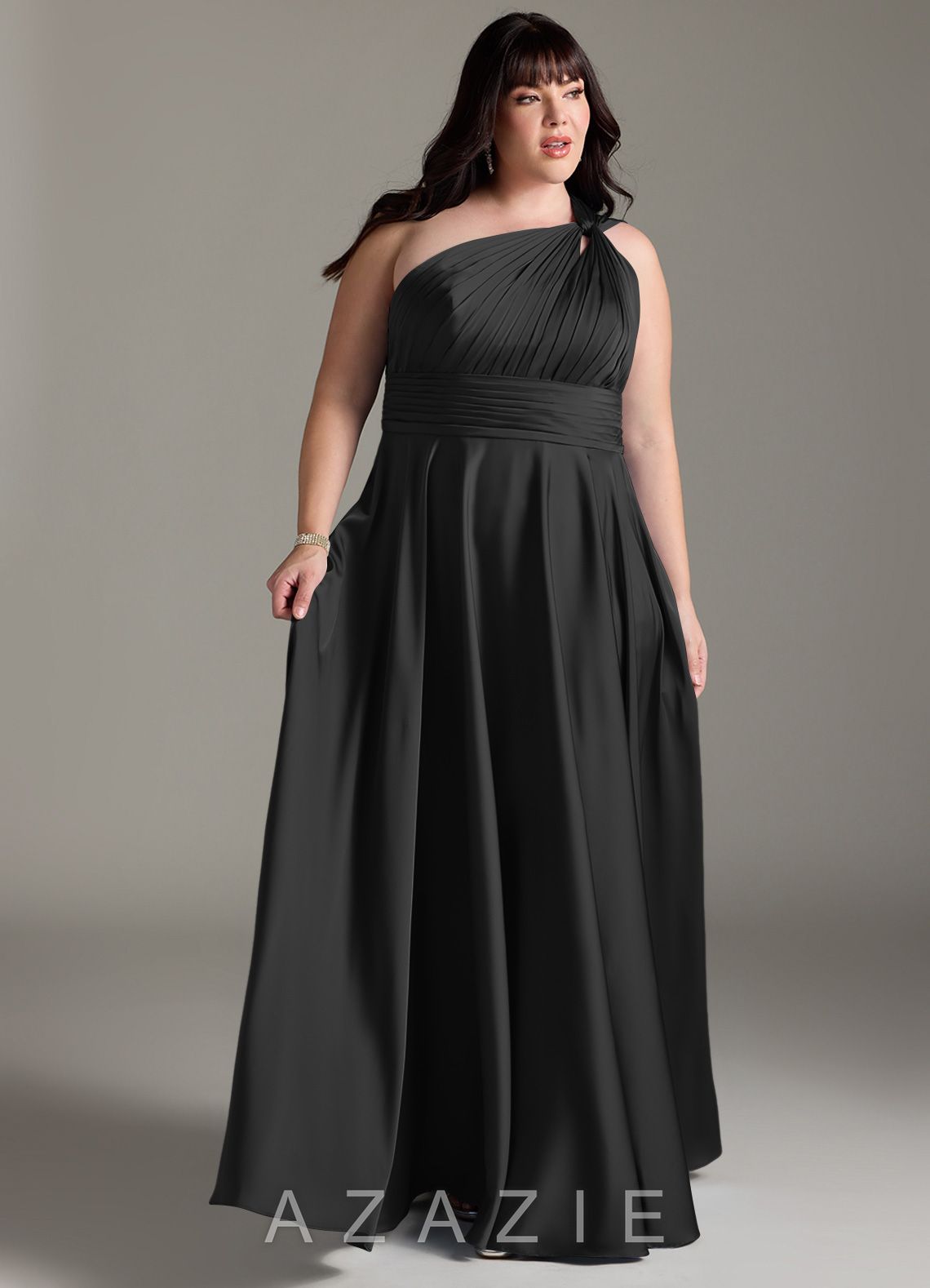 Azazie Charlize Black A-Line One Shoulder Stretch Satin Dress black