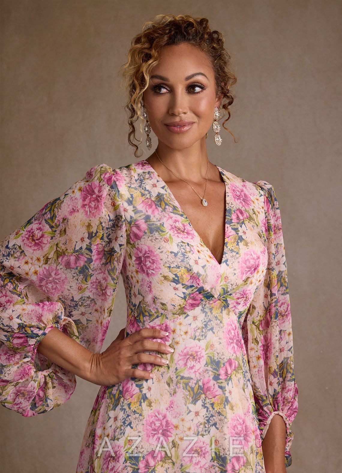 Azazie Marlo Lavender Floral A-Line Pleated Chiffon Dress lavender_floral