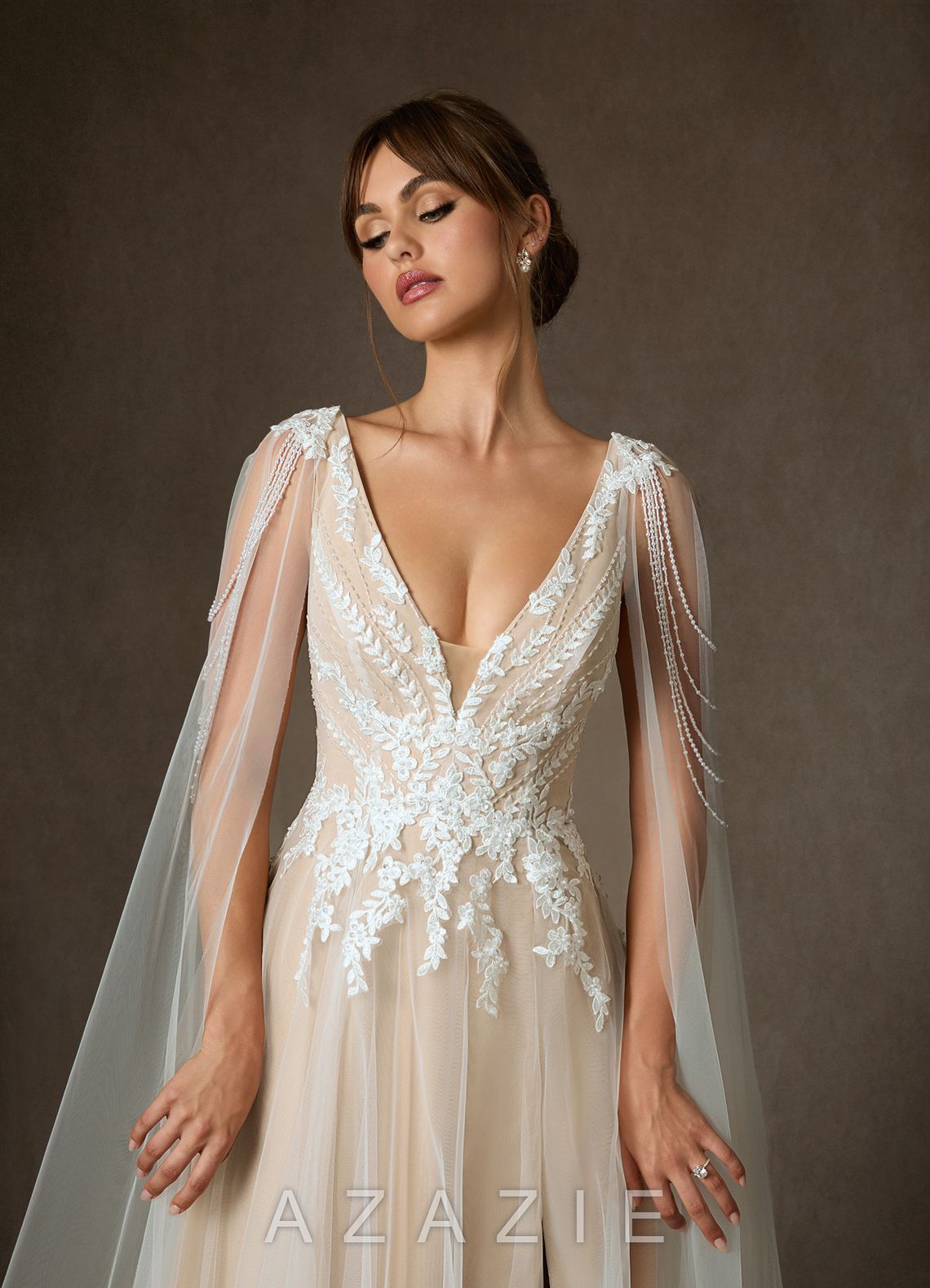 Azazie Goddess Wedding Dress Diamond White Champagne A-Line V-Neck Sequins Tulle Dress diamond_white/champagne