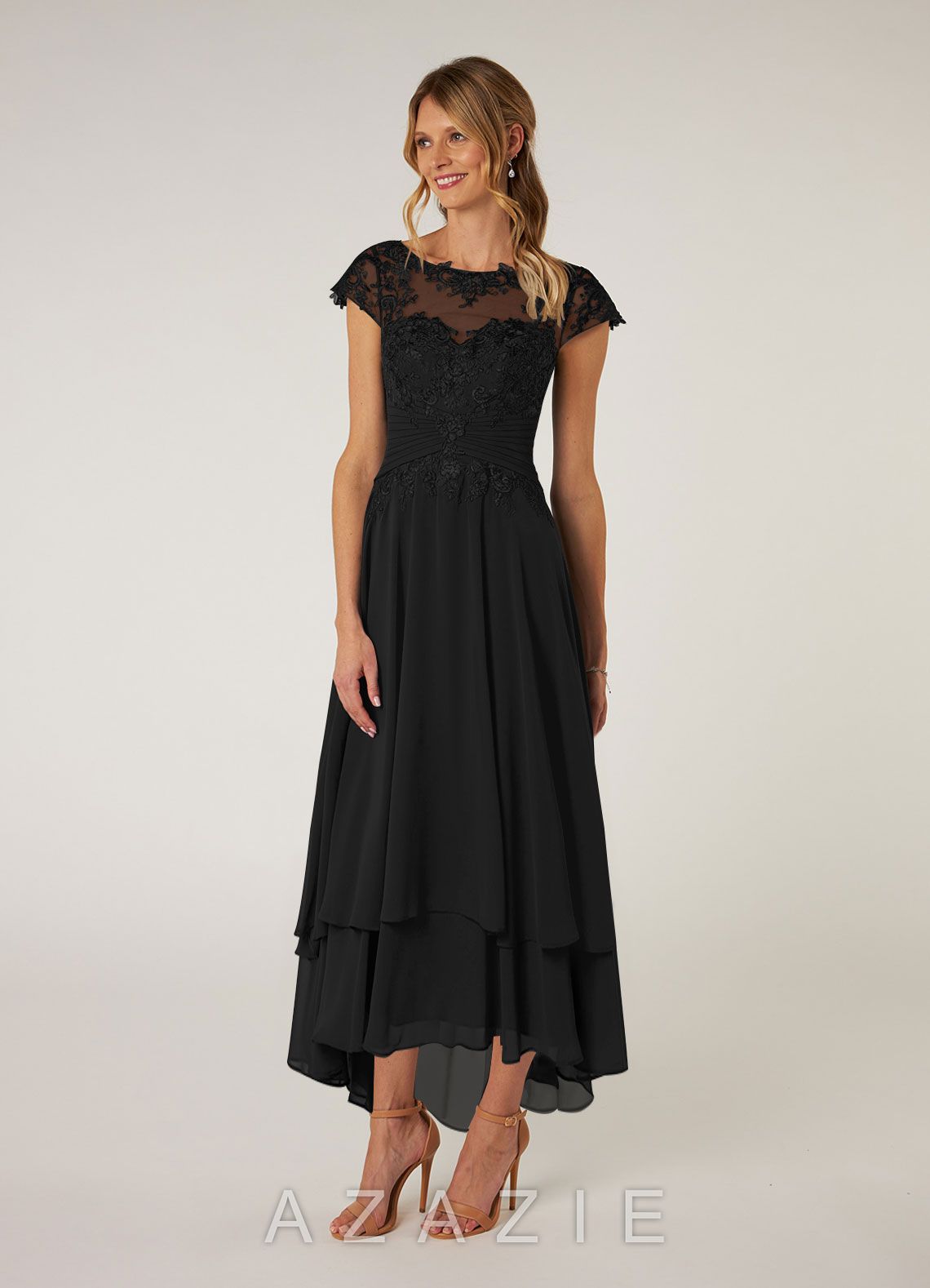 Azazie Shonda Black Lace Chiffon Dress black