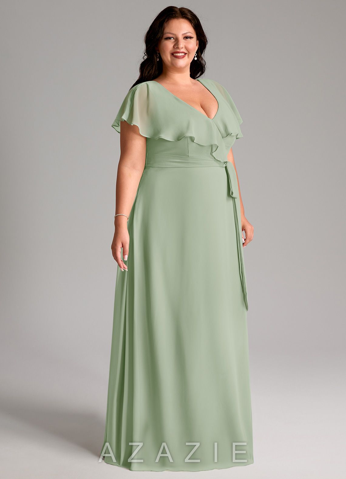 Azazie Lainey Dusty Sage A-Line with Pockets Chiffon Dress dusty_sage