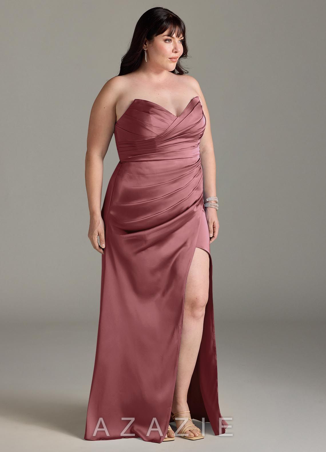 Azazie Yola Amethyst Sheath V-Neck Pleated Stretch Satin Convertible Dress amethyst