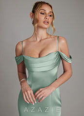 Azazie Nira Agave Mermaid Corset Stretch Satin Dress agave